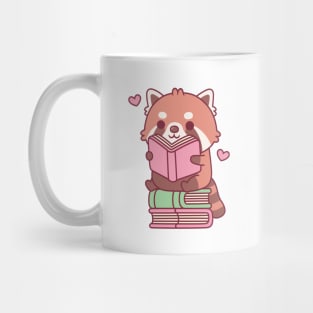 Cute Red Panda Reading A Book While Seated On Books Mug